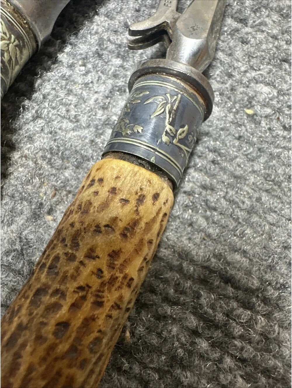 VTG Harrison Bros & Howson 3pc Carving Set Stag Horn Handles Engraved Case